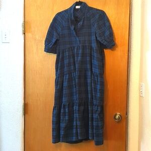 Natural Life Rebecca Dress, Tiered, Blue and Black Plaid, 87% Cotton, Medium